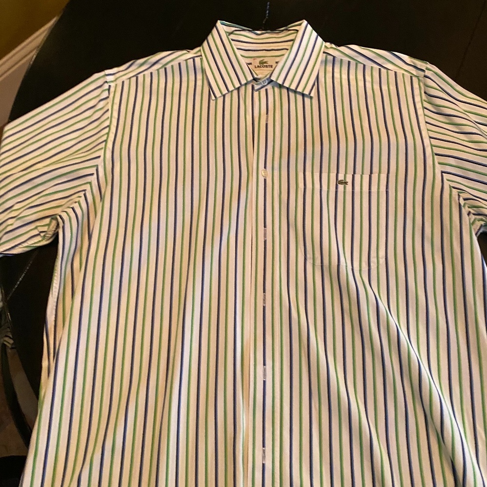 Lacoste Men's Green and Blue Striped Dress Shirt